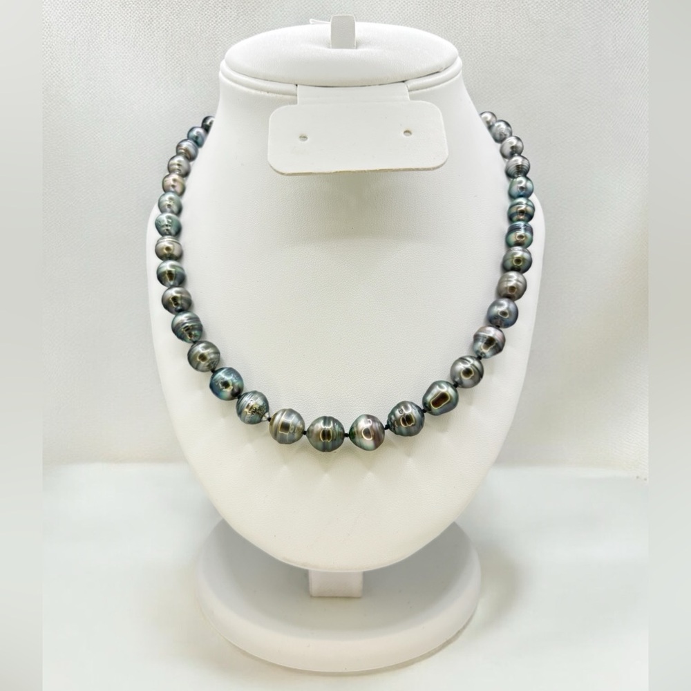 Tahitian Pearl Necklace 18” 14k White Gold Clasp Grey/Black 8-10mm NEW IN BOX - Picture 1 of 12